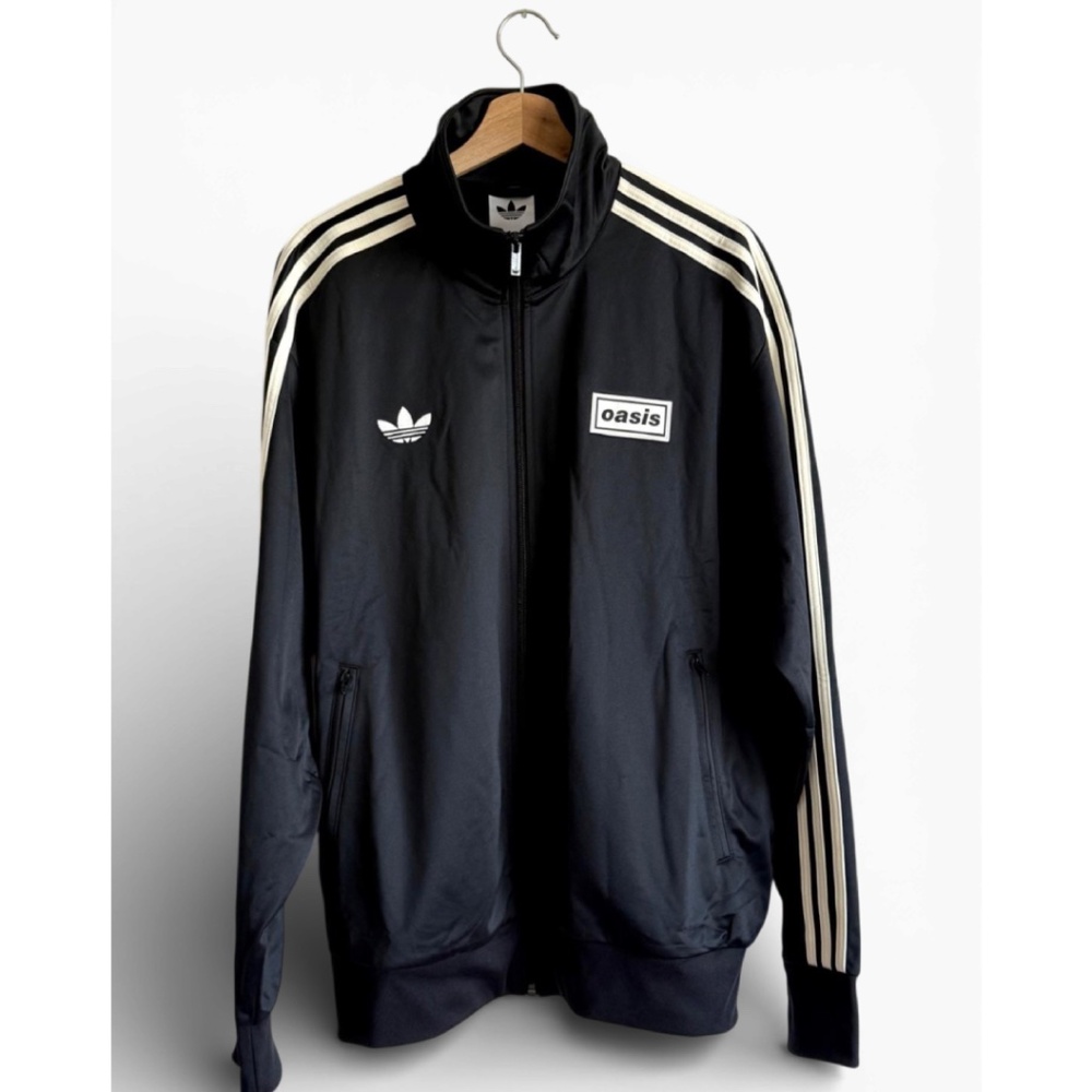 Adidas Oasis 2025 Tour Black Firebird Track Jacket with Cream Stripes